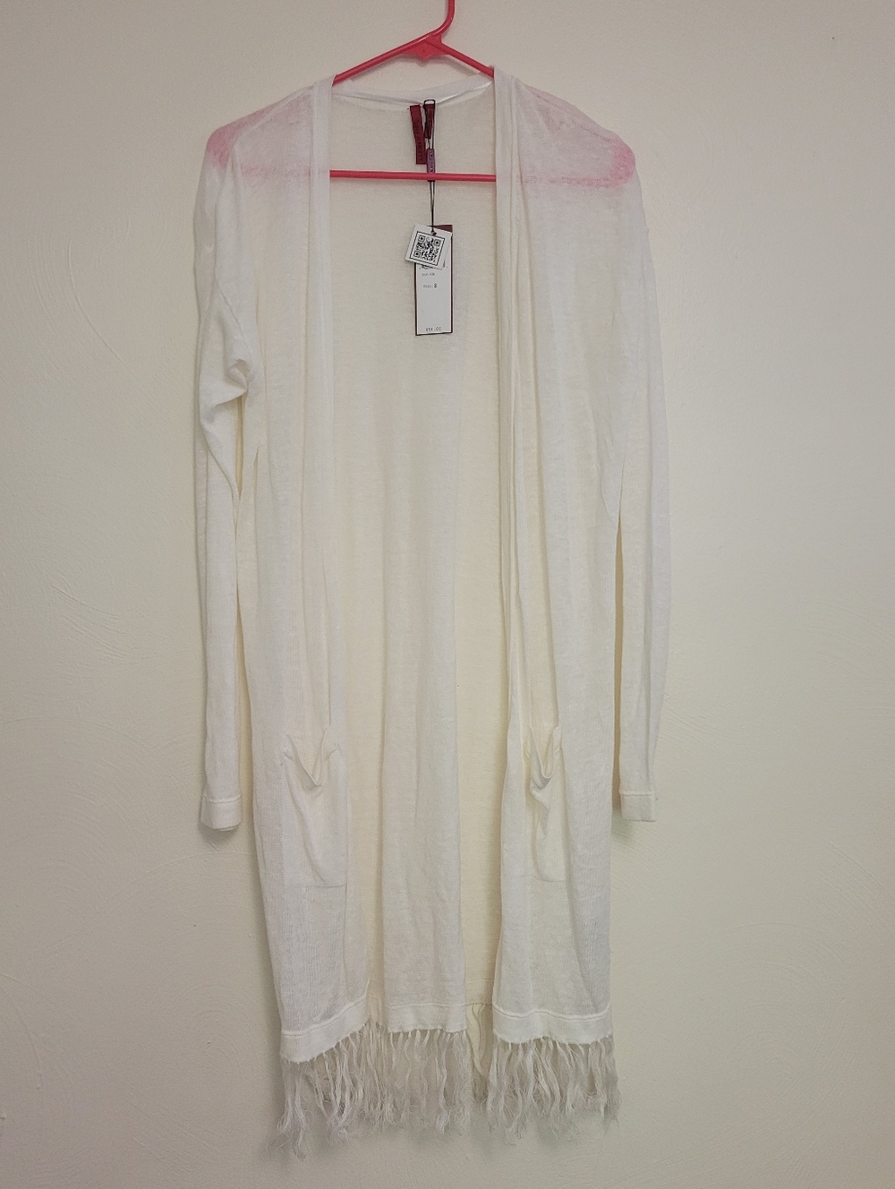 Long Linen Blend Boho Open Front Fringe Hem Cardigan Size Small